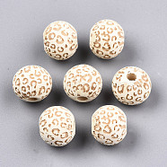Painted Natural Wood Beads, Laser Engraved Pattern, Round with Leopard Print, Light Yellow, 10x8.5mm, Hole: 2.5mm(WOOD-T021-53A-12)