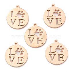 304 Stainless Steel Pendants, Manual Polishing, Flat Round with Word LOVE, Rose Gold, 15.5x18x1.4mm, Hole: 1.2mm(X-STAS-F231-038RG-A)