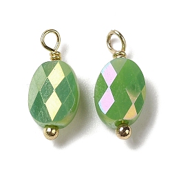 Electroplate Glass Charms, with Real 18K Gold Plated Brass Loop, Faceted Oval Charm, Medium Sea Green, 13.5x6x4mm, Hole: 1.6mm(KK-P242-21G-02)