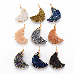 Electroplate Natural Druzy Agate Pendants, with Golden Brass Findings, Dyed, Moon, Mixed Color, 31~34x21~23x8~10mm, Hole: 3~4mm(G-S359-295)