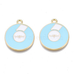 Alloy Enamel Pendants, Cadmium Free & Nickel Free & Lead Free, Light Gold, Flat Round with Word WOW, Sky Blue, 23x20x1.5mm, Hole: 2mm(PALLOY-N170-021C-NR)