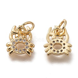 Brass Micro Pave Clear Cubic Zirconia Charms, Cadmium Free & Lead Free, Long-Lasting Plated, Crab Shape, Golden, 9.5x8.5x1.5mm, Hole: 3mm(ZIRC-B002-48G)