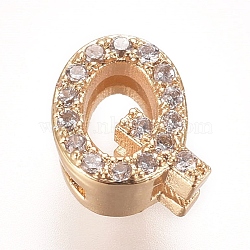 Golden Plated Brass Micro Pave Cubic Zirconia Slide Charms, Letter, Clear, Letter.Q, 7~7.5x1.5~6.5x3mm, Hole: 6x1mm(ZIRC-L075-61Q-G)