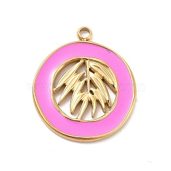 304 Stainless Steel Enamel Pendants, Golden, Flat Round with Leaf Charm, Old Rose, 18x16x1mm, Hole: 1.6mm(STAS-K246-01E)