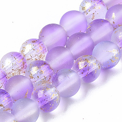 Frosted Spray Painted Glass Beads Strands, with Golden Foil, Round, Orchid, 6~7mm, Hole: 1.2~1.5mm, about 65~67pcs/Strand, 14.76 inch~15.12 inch(37.5~38.4cm)(GLAA-N035-03B-C11)