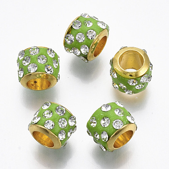 Brass European Beads, with Polymer Clay Rhinestone, Large Hole Beads, Rondelle, Golden, Light Green, 9x7.5mm, Hole: 4.5mm