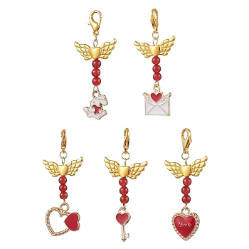 Valentine's Day Alloy Enamel Pendant Decoraton, Natural Red Agate Bead & Lobster Claw Clasps Charms, for Backpack Keychain Ornaments, Red, 49~52mm, 5pcs/set