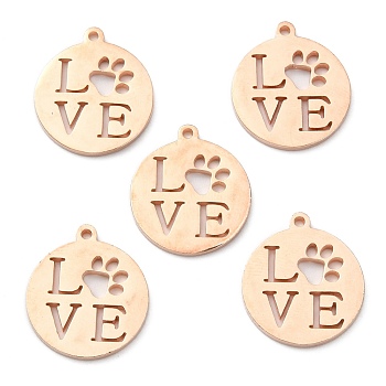 304 Stainless Steel Pendants, Manual Polishing, Flat Round with Word LOVE, Rose Gold, 15.5x18x1.4mm, Hole: 1.2mm