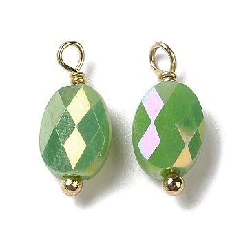 Electroplate Glass Charms, with Real 18K Gold Plated Brass Loop, Faceted Oval Charm, Medium Sea Green, 13.5x6x4mm, Hole: 1.6mm