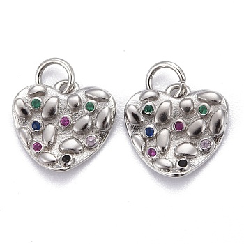 Brass Micro Pave Colorful Cubic Zirconia Charms, Long-Lasting Plated, Heart, Platinum, 12x12x2mm, Hole: 3mm