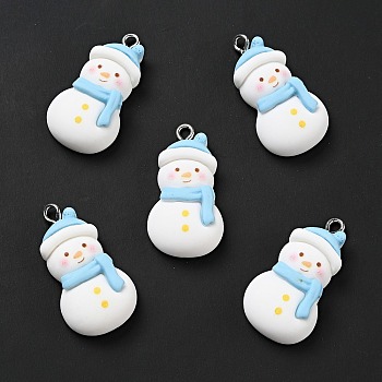 Christmas Opaque Resin Pendants, with Platinum Tone Iron Loops, Snowman Charm, White, 31.5x16.5x7.5mm, Hole: 2x2.3mm