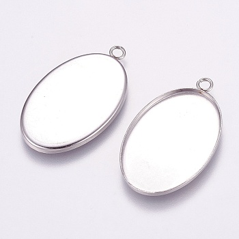 304 Stainless Steel Pendant Cabochon Settings, Plain Edge Bezel Cups, Oval, Stainless Steel Color, Tray: 20x30mm, 35x21x1.5mm, Hole: 2mm