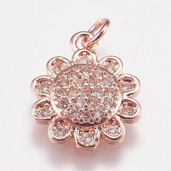 Brass Micro Pave Cubic Zirconia Charms, Flower, Rose Gold, 14x11.5x3mm, Hole: 2mm