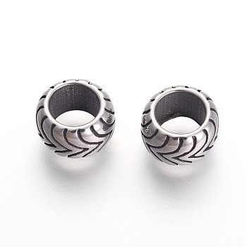 304 Stainless Steel European Beads, Rondelle, Antique Silver, 9x6mm, Hole: 6mm