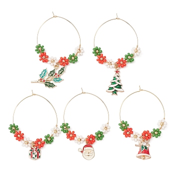 Christmas Theme Alloy Enamel Wine Glass Charms, with 316 Surgical Stainless Steel Hoop Earring Findings and Glass Seed Bead, Mixed Shapes, 62~74mm, 5pcs/set
