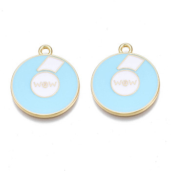 Alloy Enamel Pendants, Cadmium Free & Nickel Free & Lead Free, Light Gold, Flat Round with Word WOW, Sky Blue, 23x20x1.5mm, Hole: 2mm