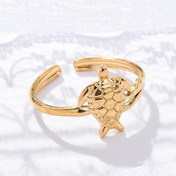 Marine Animal Theme 304 Stainless Stee Open Cuff Rings, Real 18K Gold Plated, Turtle, 12.5mm, Adjustable