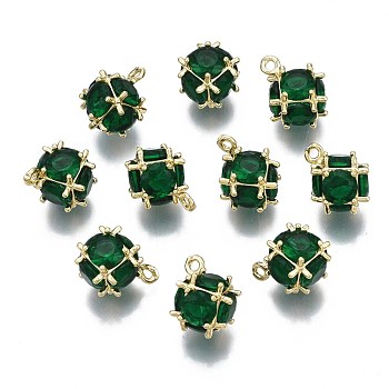 K9 Transparent Glass Charms, with Brass Findings, Rack Plating, Nickel Free, Faceted Round, Real 18K Gold Plated, Green, 15x11x12mm, Hole: 1.4mm