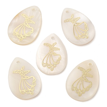 Natural Freshwater Shell Pendants, with Gold Enamel, Teardrop Charms, 29x20x2.5~3mm, Hole: 2~2.5mm