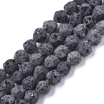 Natural Lava Rock Beads Strands, Round, Bumpy, Faceted, Black, 6x6mm, Hole: 1mm, about 64pcs/Strand, 15.16 inch(38.5cm)