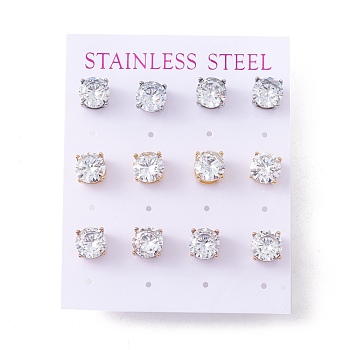 6 Pairs Cubic Zirconia Flat Round Stud Earrings, 304 Stainless Steel Jewelry for Women, Mixed Color, Clear, 8mm, Pin: 0.7mm