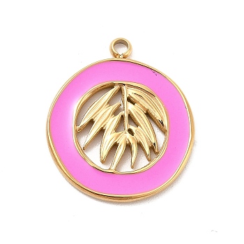 304 Stainless Steel Enamel Pendants, Golden, Flat Round with Leaf Charm, Old Rose, 18x16x1mm, Hole: 1.6mm