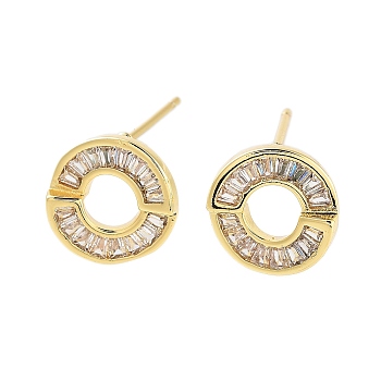 Rack Plating Ring Brass Stud Earrings, with Clear Cubic Zirconia, Cadmium Free & Lead Free, Long-Lasting Plated, Real 18K Gold Plated, 11mm