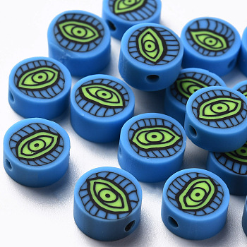 Handmade Polymer Clay Beads,  Flat Round with Eye, Steel Blue, 9~10x4~5mm, Hole: 1.8mm