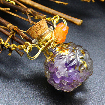 Natural Amethyst Chips Perfume Bottle Necklace, Glass Pendant Necklace with Alloy Chains for Women, 19.69 inch(50cm)