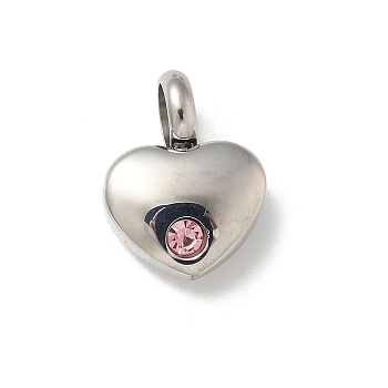 304 Stainless Steel Rhinestone Pendants, Heart, Stainless Steel Color, Light Rose, 16.5x12.5x6mm, Hole: 5mm