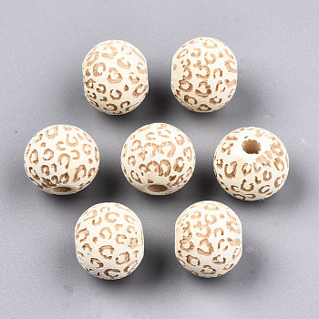 Painted Natural Wood Beads, Laser Engraved Pattern, Round with Leopard Print, Light Yellow, 10x8.5mm, Hole: 2.5mm