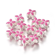 Alloy Enamel European Beads, Large Hole Beads, Flower, Silver Color Plated, Deep Pink, 10x10x8mm, Hole: 5mm(MPDL-R006-01)