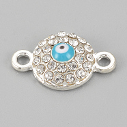 Alloy Rhinestone Links connectors, Cadmium Free & Lead Free, Flat Round with Evil Eye, Sky Blue, Silver Color Plated, 17x10.5x4mm, Hole: 1.5mm(ALRI-S170-25S)