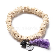 Stretch Charm Bracelets, with Coconut Beads, Natural Lava Rock Beads, 304 Stainless Steel Charms and Cotton Thread Tassels, Flat Round with Cross, Violet, Inner Diameter: 2-1/8 inch(5.4cm)(BJEW-JB05522-04)