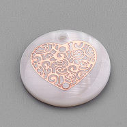 Freshwater Shell Pendants, with Iron Findings, Flat Round with Heart, Rose Gold, Seashell Color, 16x3mm, Hole: 1mm(SHEL-S269-48)