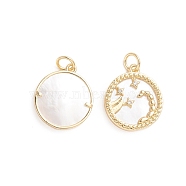 Brass Micro Pave Cubic Zirconia Pendants, with Natural Shell and Jump Ring, Flat Round with Twelve Constellations, Golden, Scorpio, 17.5x15x2.5mm, Hole: 3.5mm(ZIRC-E164-36D-G)