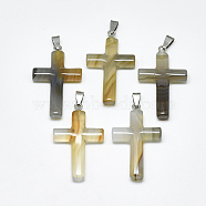 Natural Grey Agate Pendants, with Stainless Steel Snap On Bails, Cross, Stainless Steel Color, 44~46x28x8mm, Hole: 3~4x7~8.5mm(G-T122-18O)