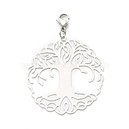 Flat Round with Tree of Life 201 Stainless Steel Filigree Pendant Decorations, with 304 Stainless Steel Lobster Claw Clasps & Open Jump Rings, Stainless Steel Color, 57mm(HJEW-JM00573-03)