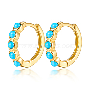 925 Sterling Silver Hoop Earrings, with Synthetic Turquoise Beads, Golden, 2mm(EV3095-1)