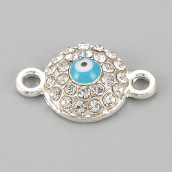 Alloy Rhinestone Links connectors, Cadmium Free & Lead Free, Flat Round with Evil Eye, Sky Blue, Silver Color Plated, 17x10.5x4mm, Hole: 1.5mm(ALRI-S170-25S)
