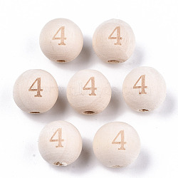 Unfinished Natural Wood European Beads, Large Hole Beads, Laser Engraved Pattern, Round with Number, Num.4, 15~16x14~15mm, Hole: 4mm(WOOD-S045-141A-4)