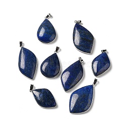 Natural Lapis Lazuli Dyed Pendants, Leaf Charms, with Rack Plating Platinum Plated Brass Findings, Cadmium Free & Lead Free, 35.5~46.5x22~27x6.5~8.5mm, Hole: 5.4x4mm(G-R486-03P-B)