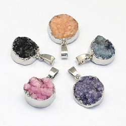 Platinum Plated Dyed Flat Round Natural Agate Pendants, with Iron Pinch Bails and Alloy Findings, Mixed Color, 18~22x14~17x5~14mm, Hole: 6x4mm(G-Q942-20)