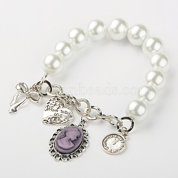 Glass Pearl Beads Stretch and Charm Bracelets, Iron Cable Chains with Tibetan Style Alloy Pendants and Resin Cameo Cabochons, Platinum and Antique Silver, White, 55mm(X-BJEW-JB01345-01)