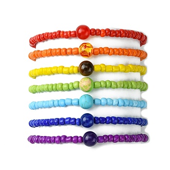 7Pcs 7 Style Natural & Synthetic Mixed Gemstone & Glass Seed Beaded Stretch Bracelets Set, Stackable Bracelets for Women, Inner Diameter: 2-1/8~2-1/4 inch(5.3~5.6cm), 1Pc/style