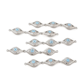 Brass Micro Pave Clear Cubic Zirconia Connector Charms, with Enamel, 3 Evil Eye Links, Platinum, Light Sky Blue, 63x10x3.8mm, Hole: 1.4mm