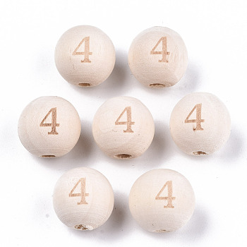 Unfinished Natural Wood European Beads, Large Hole Beads, Laser Engraved Pattern, Round with Number, Num.4, 15~16x14~15mm, Hole: 4mm