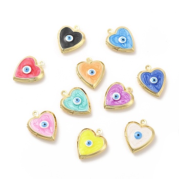 Brass Enamel Locket Pendants, Real 18K Gold Plated, Long-Lasting Plated, Heart with Evil Eye, Mixed Color, 21x17x5mm, Hole: 1.4mm, Inner Diameter: 9.5x10mm