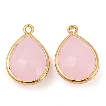 Golden Brass with Glass Pendants, Faceted Teardrop Charms, Long-Lasting Plated, Pearl Pink, 23x15x8mm, Hole: 1.8mm