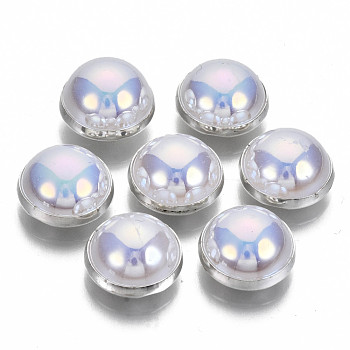 ABS Plastic Imitation Pearl Sewing Buttons, AB Color, with Brass Findings, Lavender, Silver Color Plated, 12~12.5x7mm, Hole: 1mm